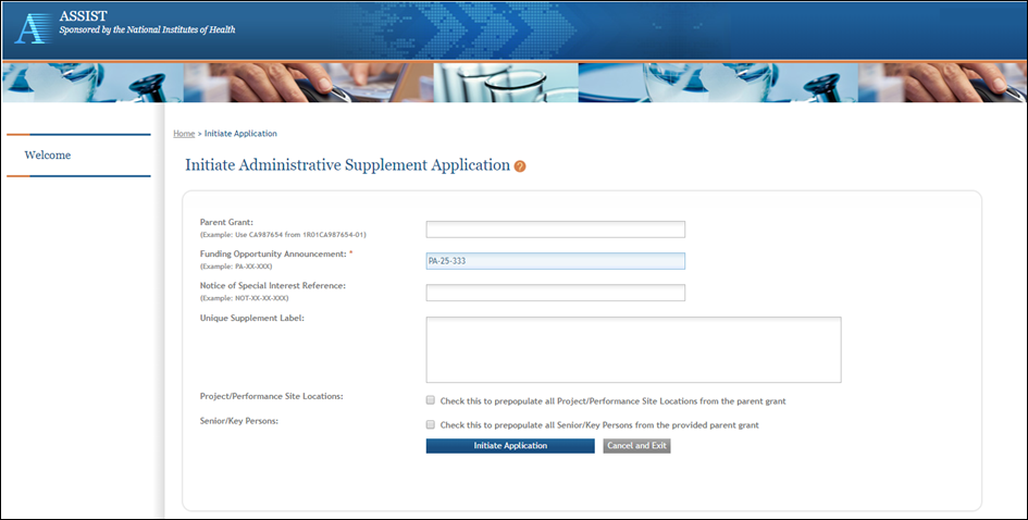 Figure 1: ASSIST’s Initiate Administrative Supplement Application screen