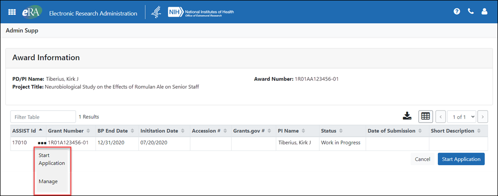 Figure 3: Award Information screen in eRA Commons