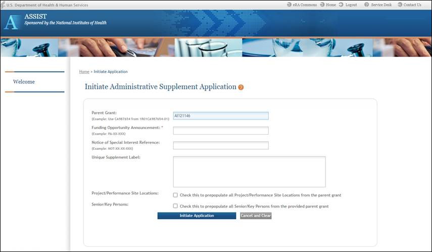 Figure 4: Initiate Administrative Supplement Application screen in ASSIST