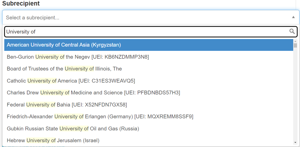 Subrecipient Dropdown