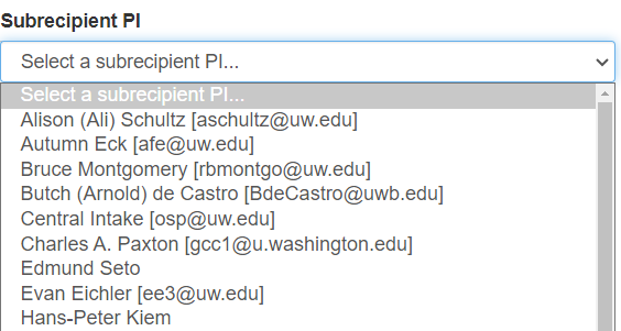 Subrecipient PI Dropdown