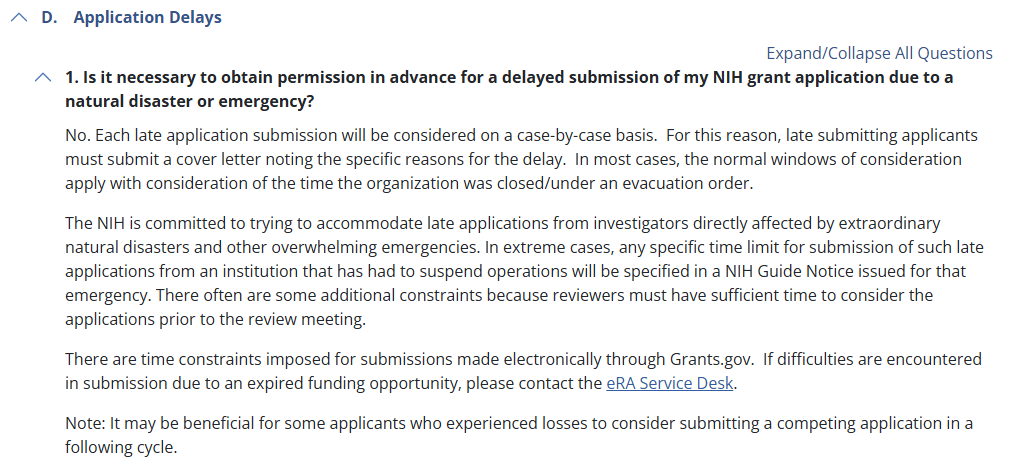 Image of NIH FAQs screenshot